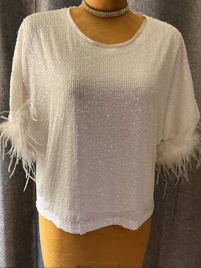 Lucy Paris White Sequin Feather Trim Short Sleeve Top